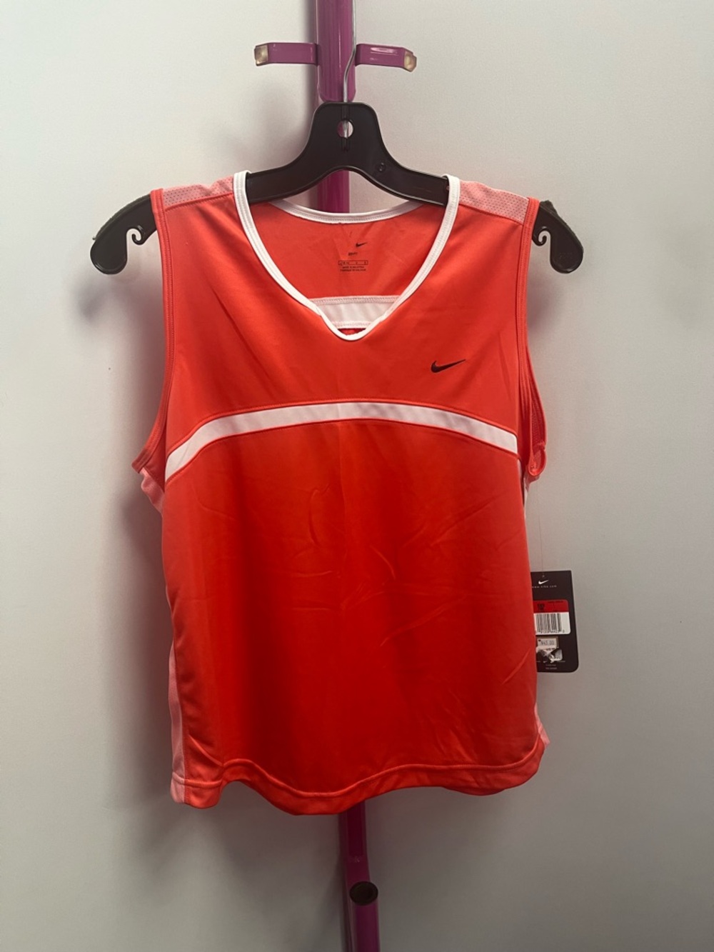 Nike Women’s Coral-Red Athletic V-Neck Tank with White Stripe